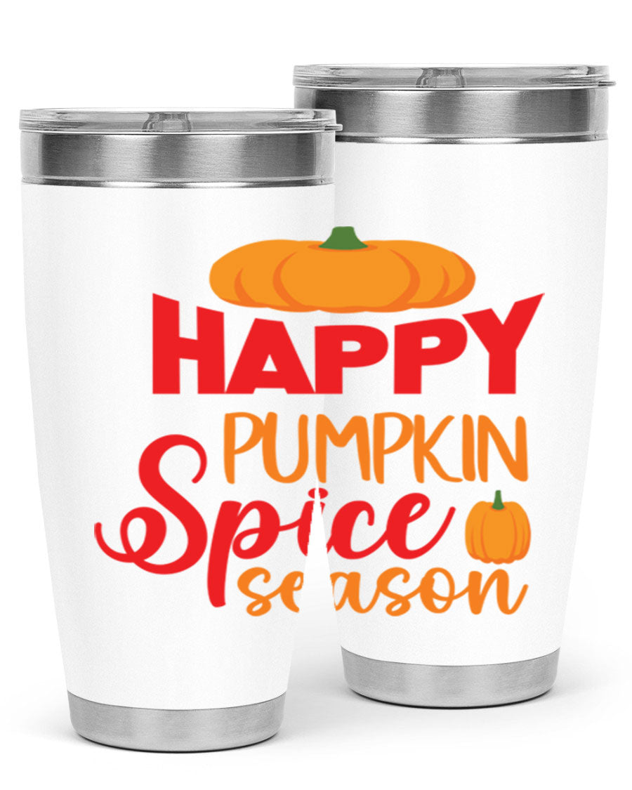 HappyPumpkinSpiceSeason 20oz Tumbler featuring a double wall vacuum design, copper lining, and a drink-thru lid, perfect for fall beverages.