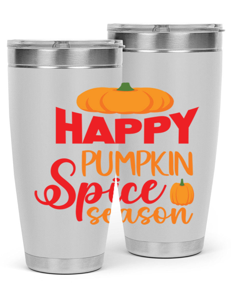 HappyPumpkinSpiceSeason 20oz Tumbler featuring a double wall vacuum design, copper lining, and a drink-thru lid, perfect for fall beverages.