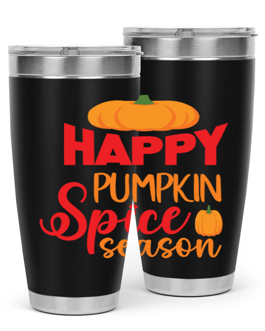 HappyPumpkinSpiceSeason 20oz Tumbler featuring a double wall vacuum design, copper lining, and a drink-thru lid, perfect for fall beverages.