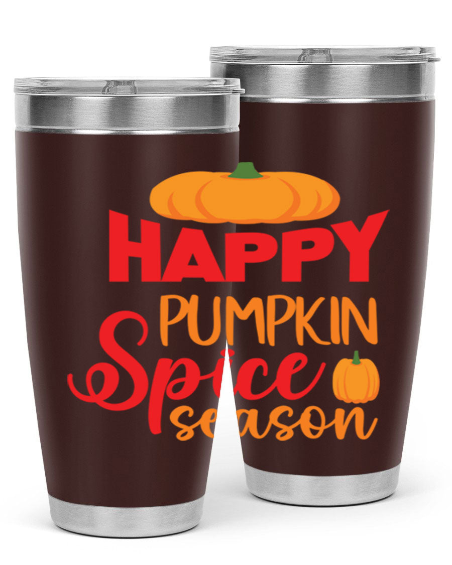 HappyPumpkinSpiceSeason 20oz Tumbler featuring a double wall vacuum design, copper lining, and a drink-thru lid, perfect for fall beverages.