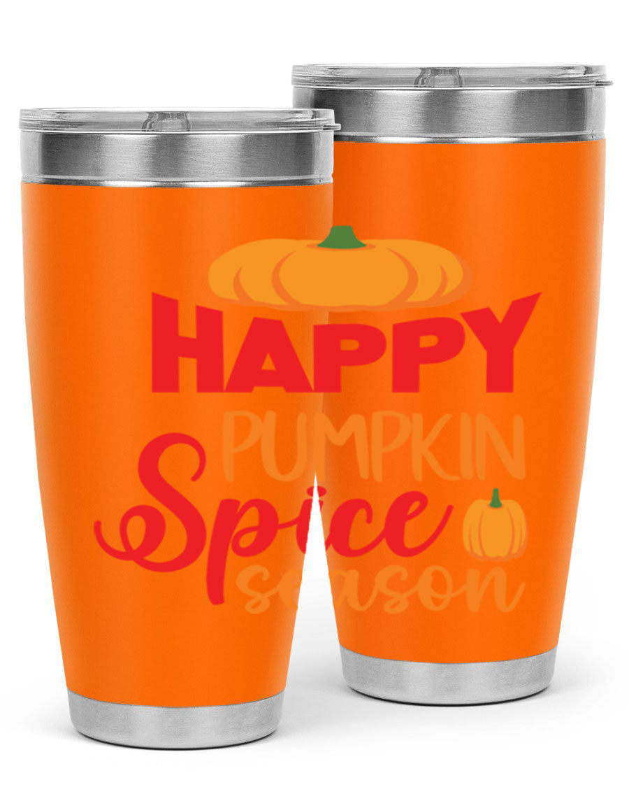 HappyPumpkinSpiceSeason 20oz Tumbler featuring a double wall vacuum design, copper lining, and a drink-thru lid, perfect for fall beverages.