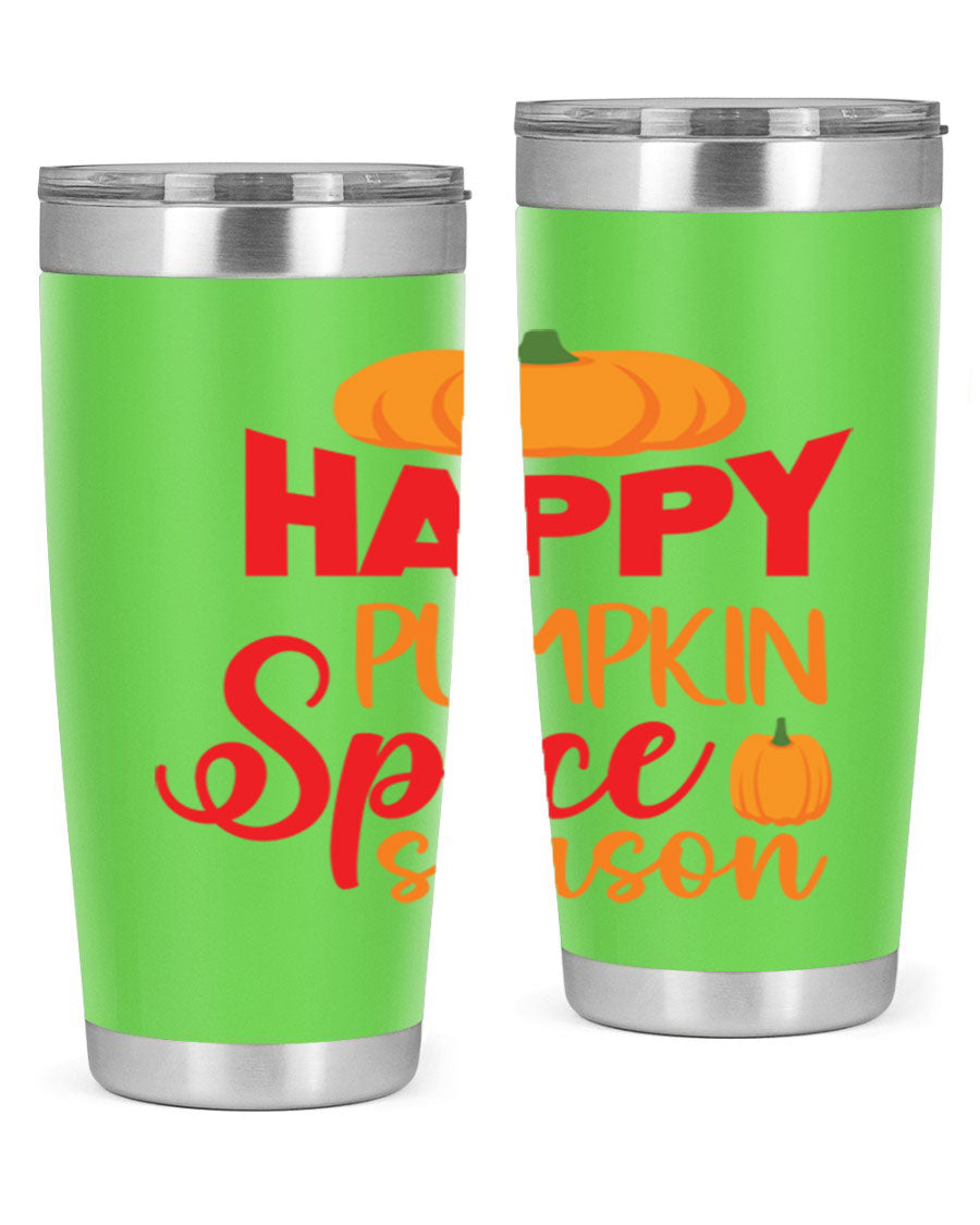 HappyPumpkinSpiceSeason 20oz Tumbler featuring a double wall vacuum design, copper lining, and a drink-thru lid, perfect for fall beverages.