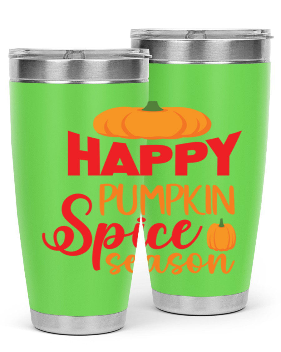 HappyPumpkinSpiceSeason 20oz Tumbler featuring a double wall vacuum design, copper lining, and a drink-thru lid, perfect for fall beverages.