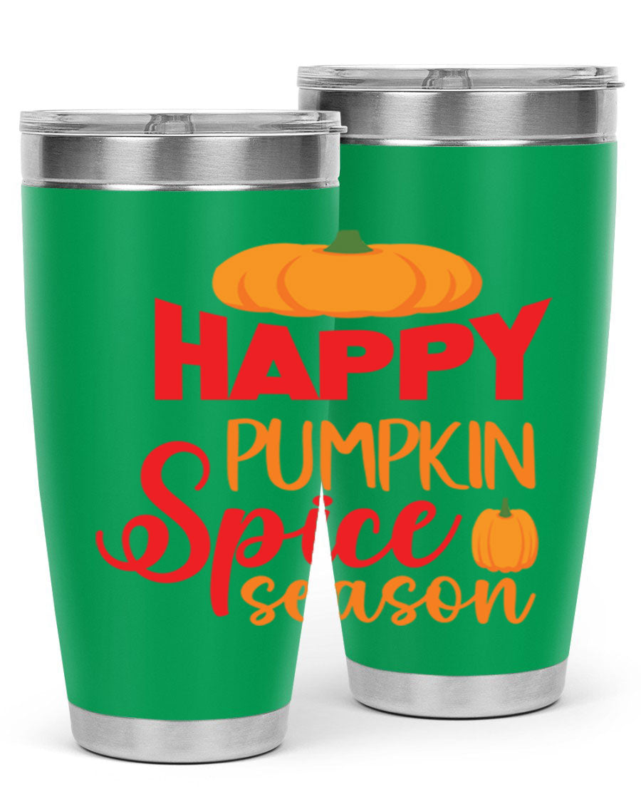 HappyPumpkinSpiceSeason 20oz Tumbler featuring a double wall vacuum design, copper lining, and a drink-thru lid, perfect for fall beverages.