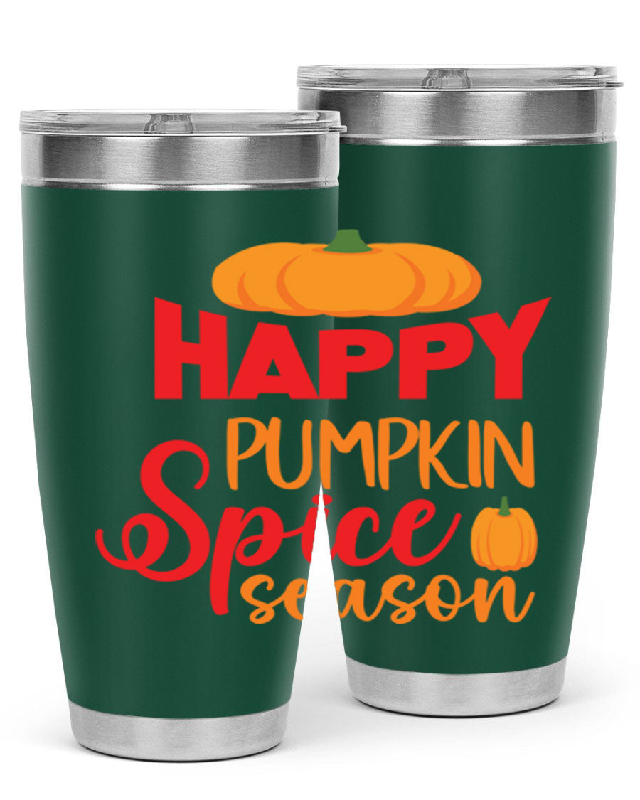 HappyPumpkinSpiceSeason 20oz Tumbler featuring a double wall vacuum design, copper lining, and a drink-thru lid, perfect for fall beverages.
