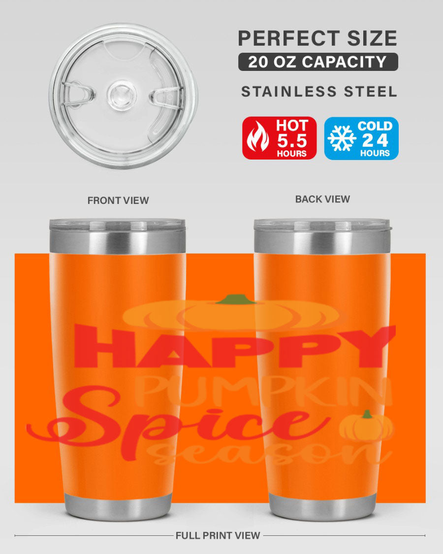HappyPumpkinSpiceSeason 20oz Tumbler featuring a double wall vacuum design, copper lining, and a drink-thru lid, perfect for fall beverages.