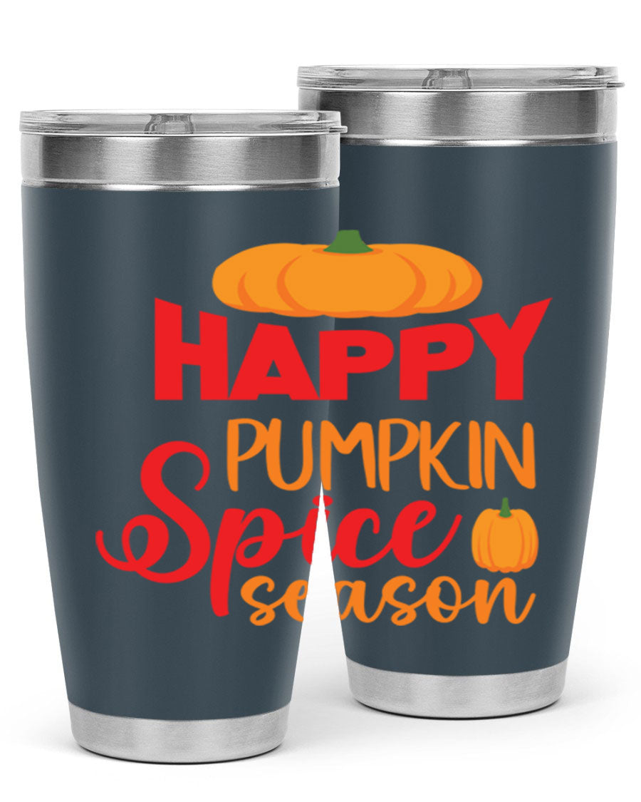 HappyPumpkinSpiceSeason 20oz Tumbler featuring a double wall vacuum design, copper lining, and a drink-thru lid, perfect for fall beverages.