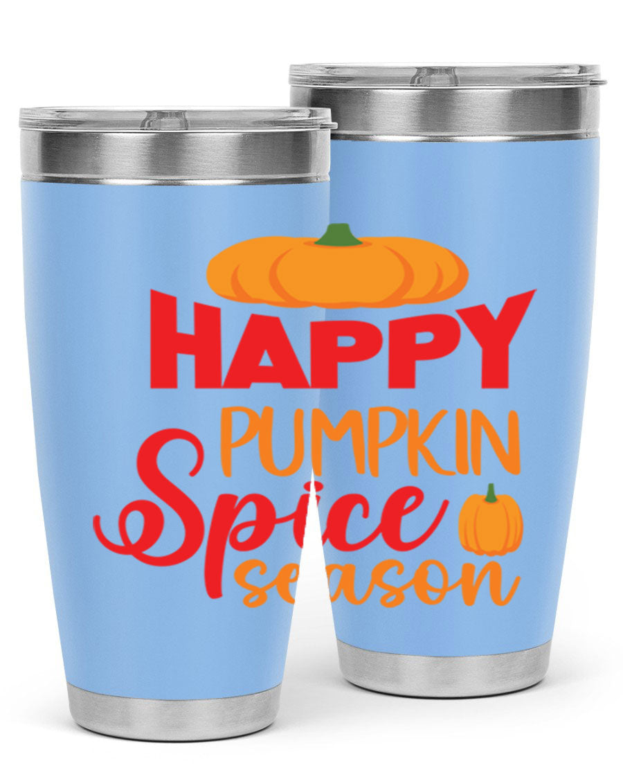 HappyPumpkinSpiceSeason 20oz Tumbler featuring a double wall vacuum design, copper lining, and a drink-thru lid, perfect for fall beverages.
