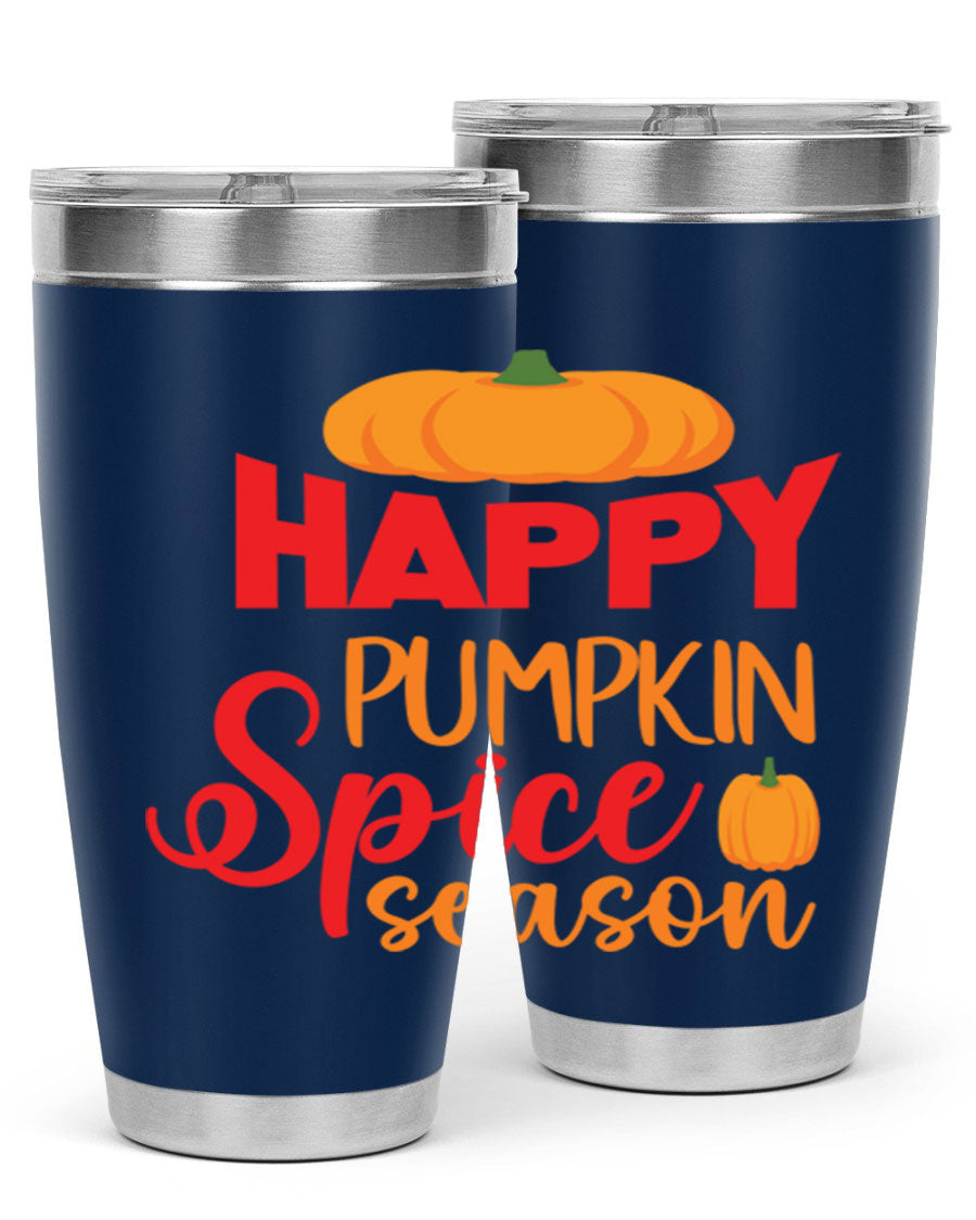 HappyPumpkinSpiceSeason 20oz Tumbler featuring a double wall vacuum design, copper lining, and a drink-thru lid, perfect for fall beverages.