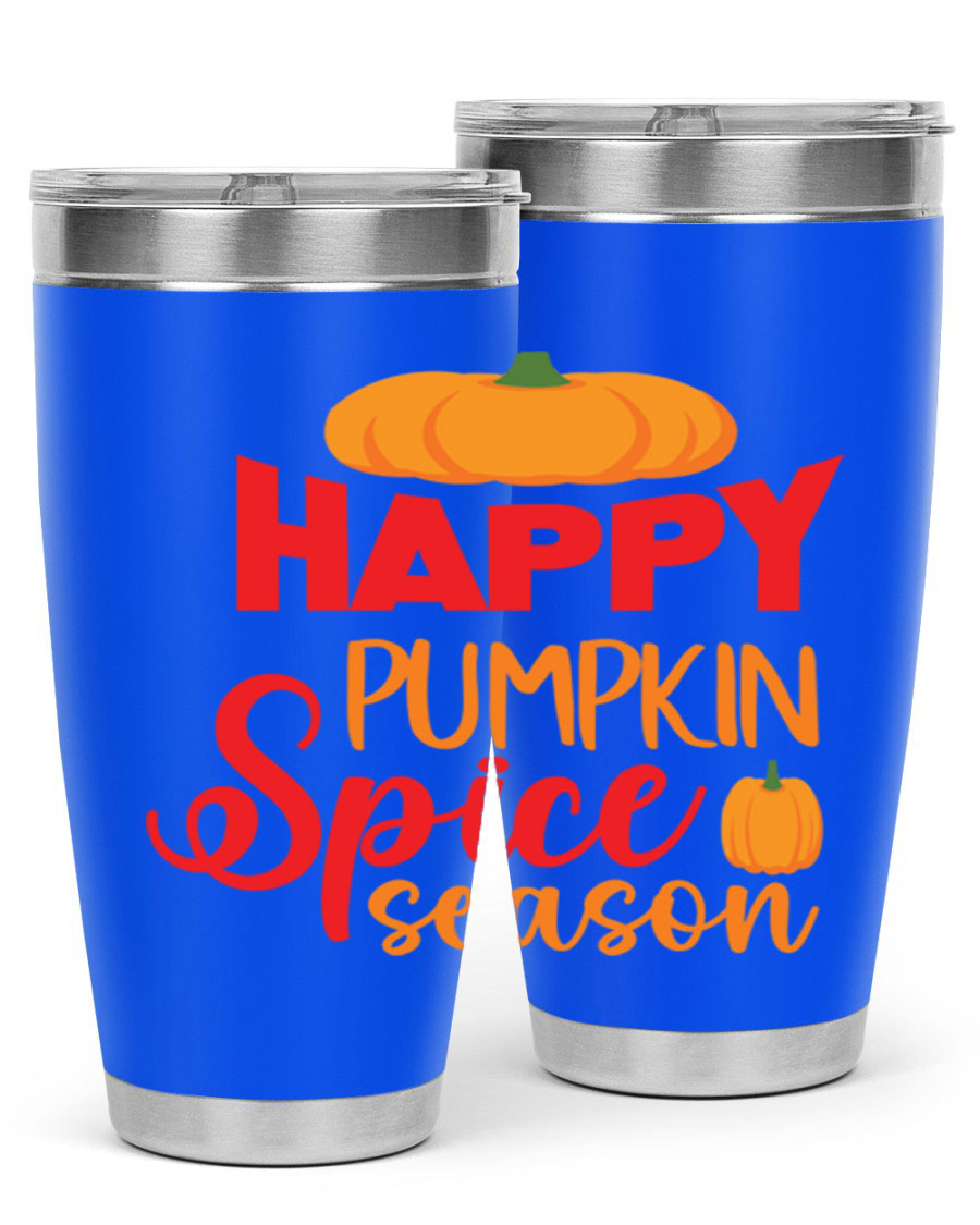 HappyPumpkinSpiceSeason 20oz Tumbler featuring a double wall vacuum design, copper lining, and a drink-thru lid, perfect for fall beverages.