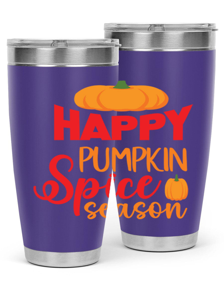 HappyPumpkinSpiceSeason 20oz Tumbler featuring a double wall vacuum design, copper lining, and a drink-thru lid, perfect for fall beverages.