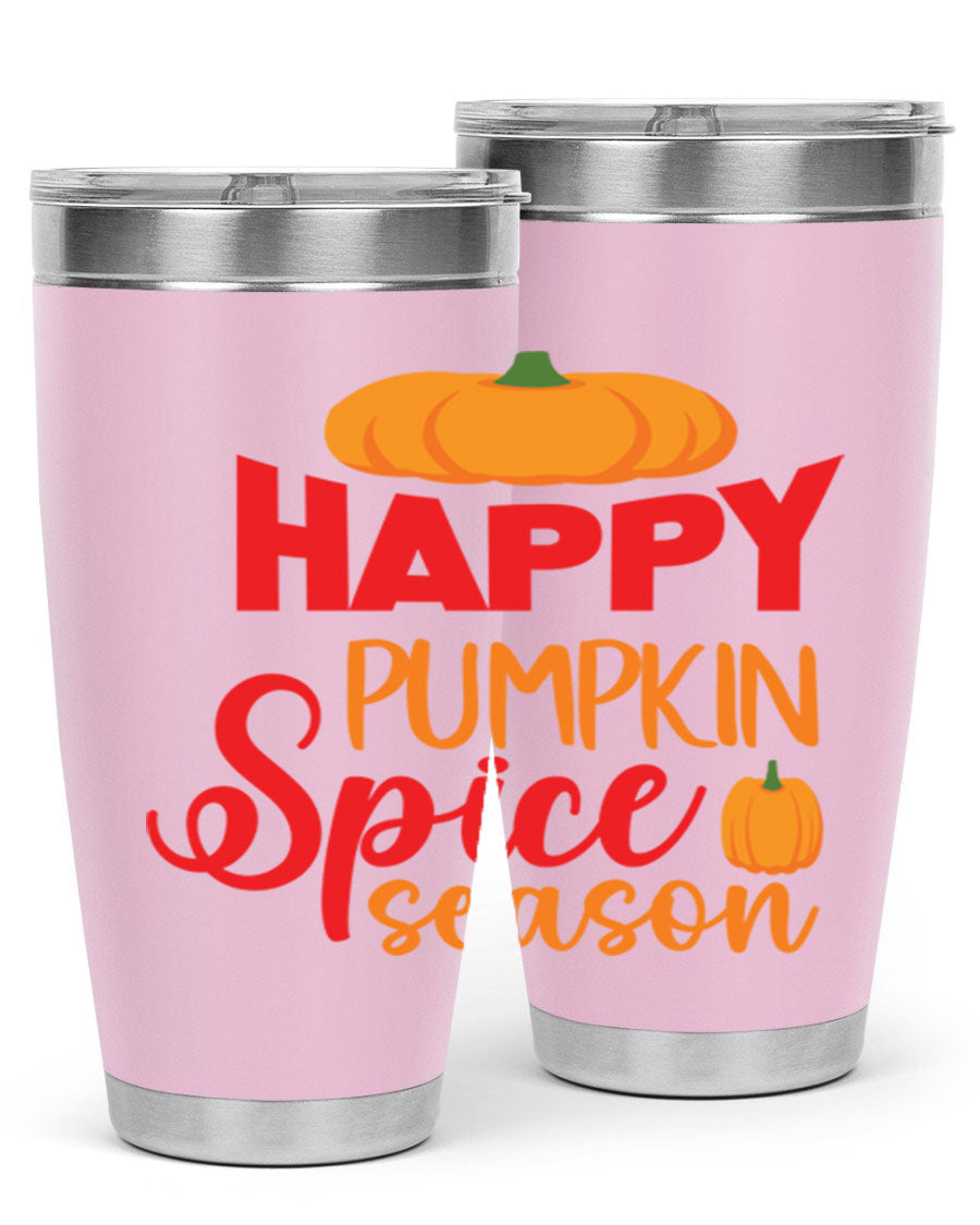 HappyPumpkinSpiceSeason 20oz Tumbler featuring a double wall vacuum design, copper lining, and a drink-thru lid, perfect for fall beverages.