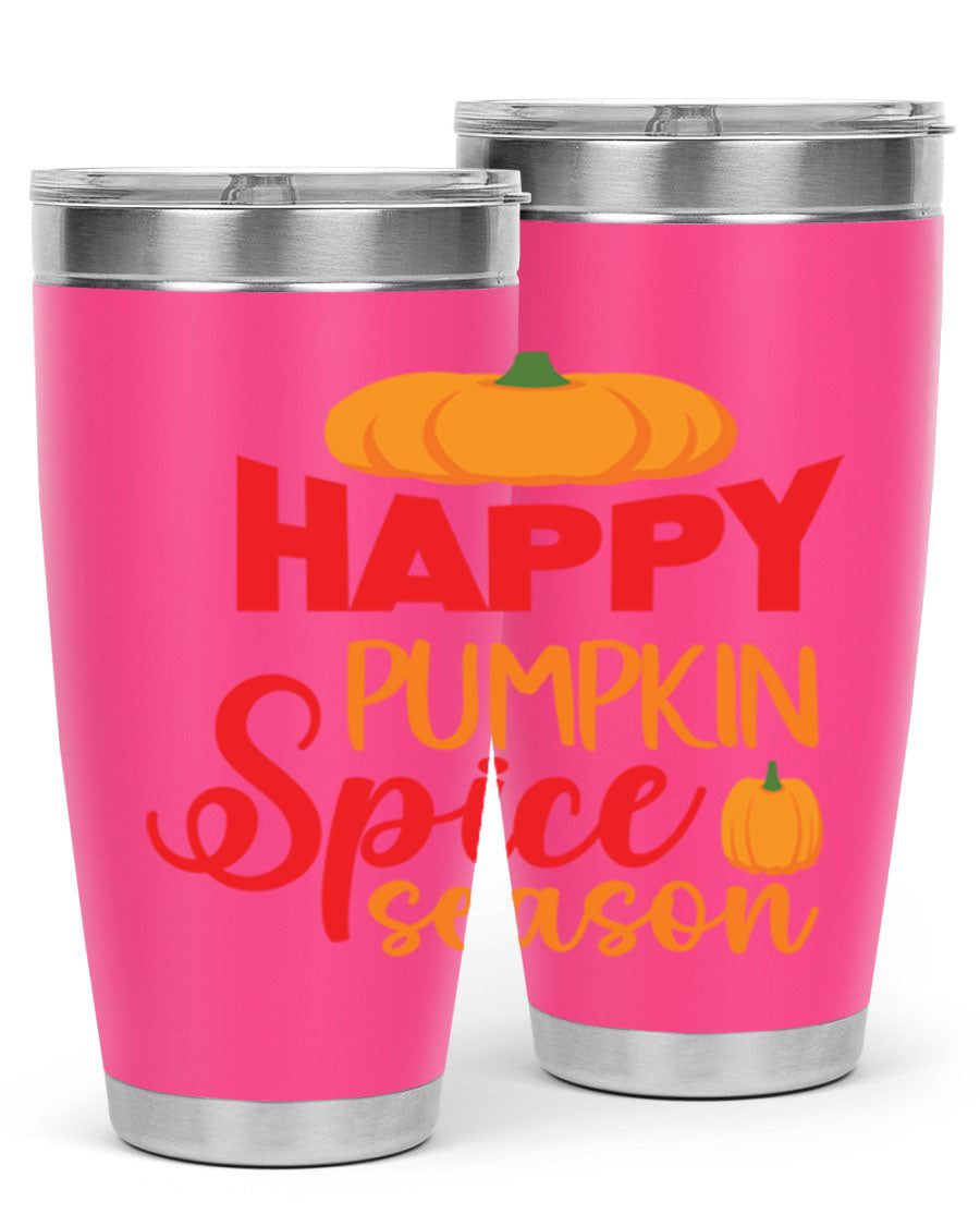 HappyPumpkinSpiceSeason 20oz Tumbler featuring a double wall vacuum design, copper lining, and a drink-thru lid, perfect for fall beverages.