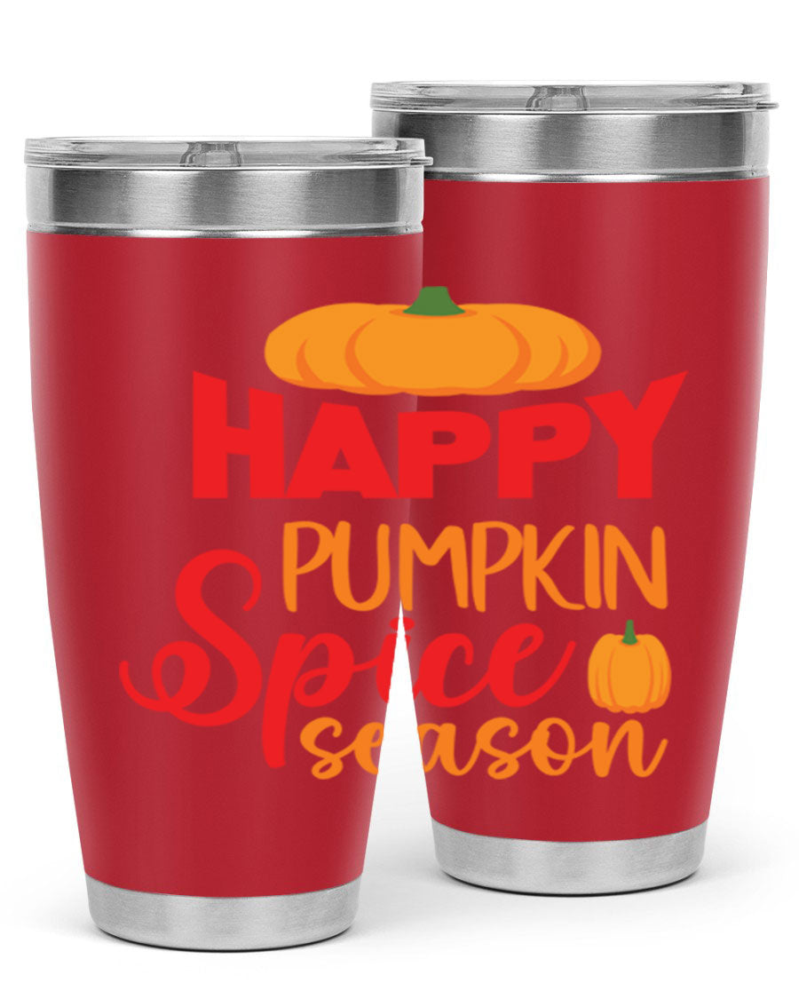 HappyPumpkinSpiceSeason 20oz Tumbler featuring a double wall vacuum design, copper lining, and a drink-thru lid, perfect for fall beverages.