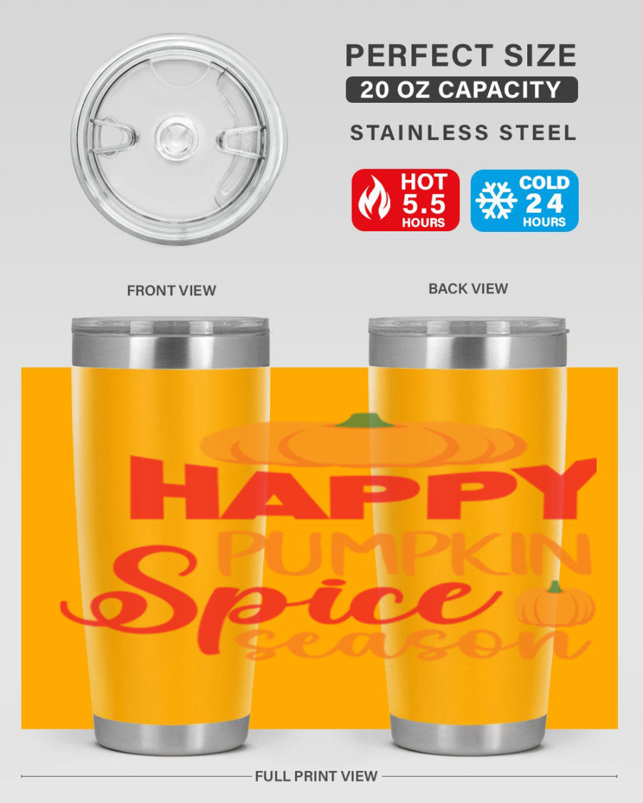 HappyPumpkinSpiceSeason 20oz Tumbler featuring a double wall vacuum design, copper lining, and a drink-thru lid, perfect for fall beverages.