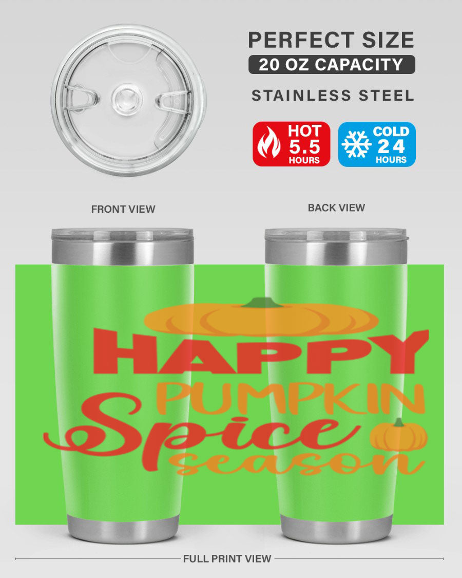 HappyPumpkinSpiceSeason 20oz Tumbler featuring a double wall vacuum design, copper lining, and a drink-thru lid, perfect for fall beverages.