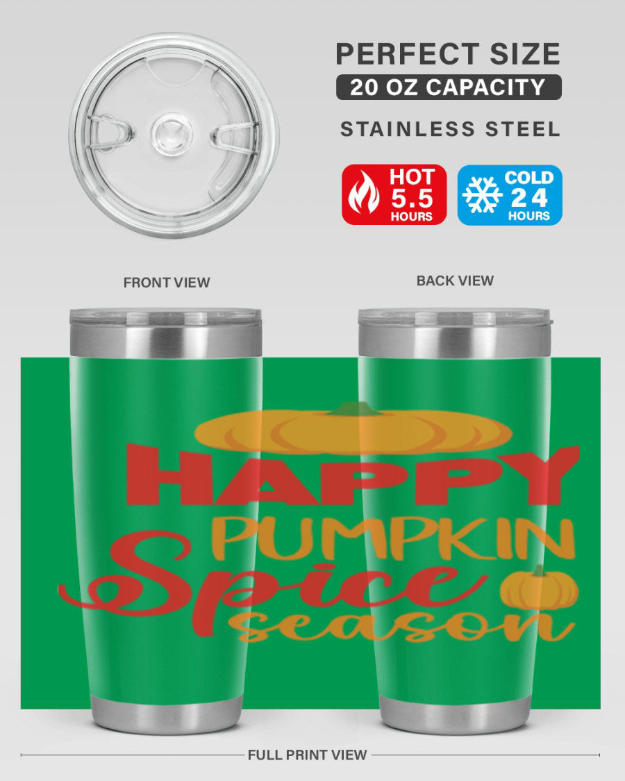 HappyPumpkinSpiceSeason 20oz Tumbler featuring a double wall vacuum design, copper lining, and a drink-thru lid, perfect for fall beverages.