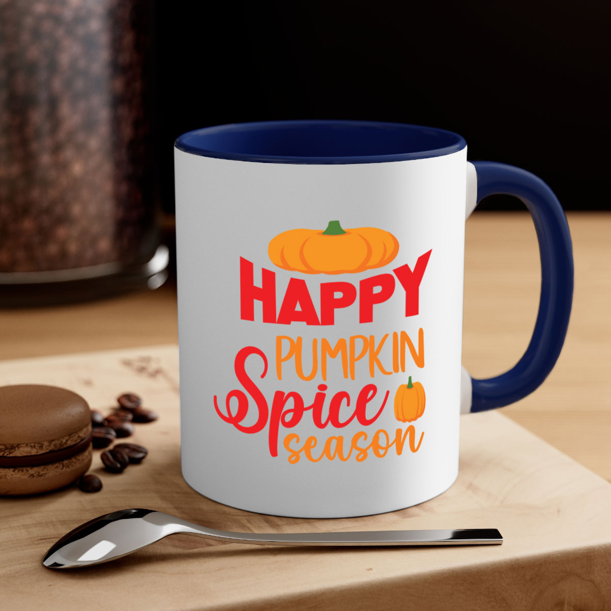 HappyPumpkinSpiceSeason 259# Mug featuring a glossy finish, colored handle, and interior, available in five vibrant colors.