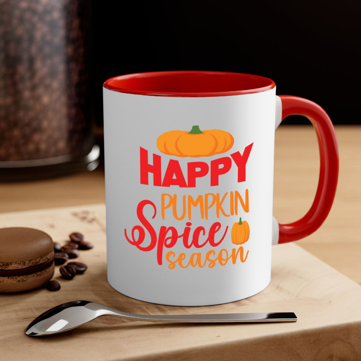 HappyPumpkinSpiceSeason 259# Mug featuring a glossy finish, colored handle, and interior, available in five vibrant colors.