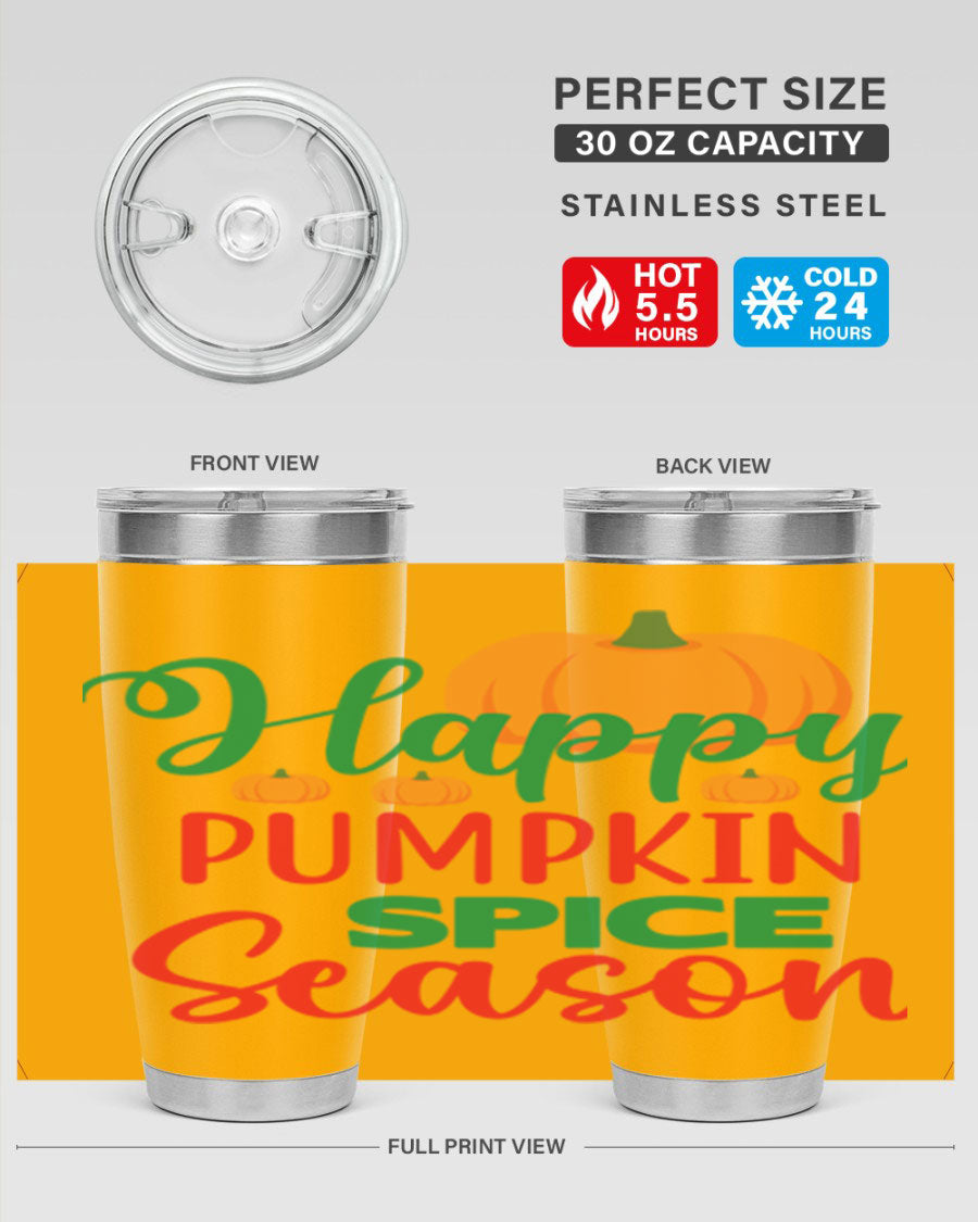 HAPPYPUMPKINSPICESEASON 260# fall tumbler featuring a stylish design, double wall vacuum insulation, and a drink-thru lid.