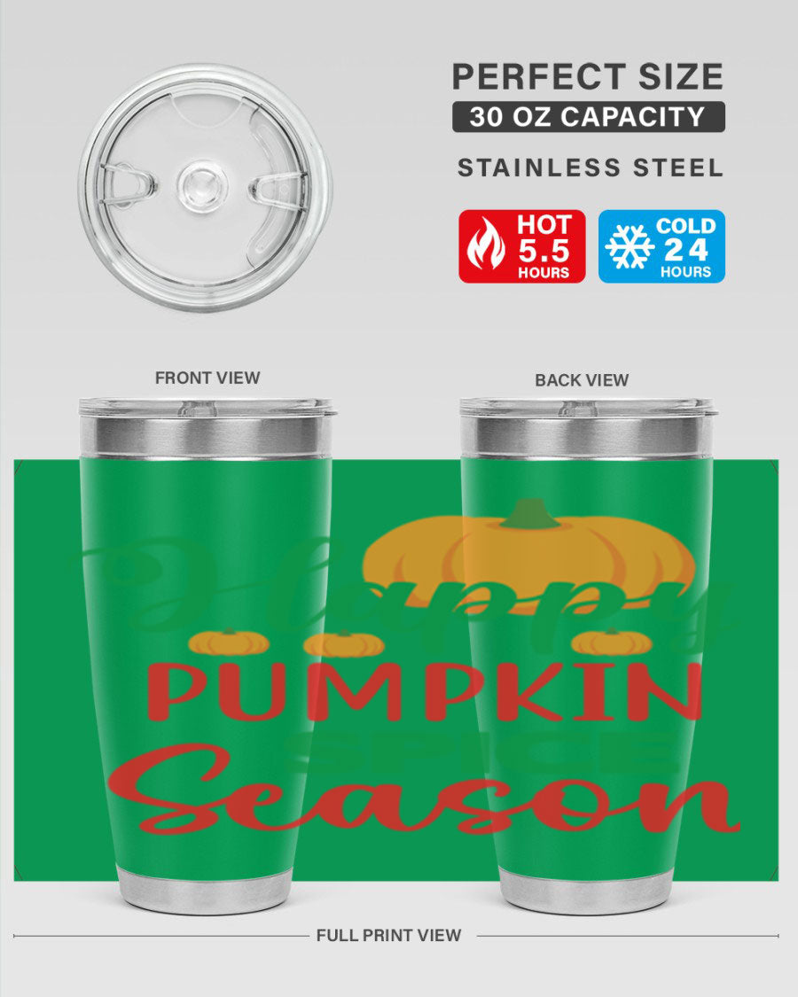 HAPPYPUMPKINSPICESEASON 260# fall tumbler featuring a stylish design, double wall vacuum insulation, and a drink-thru lid.