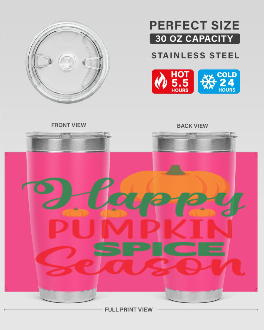 HAPPYPUMPKINSPICESEASON 260# fall tumbler featuring a stylish design, double wall vacuum insulation, and a drink-thru lid.