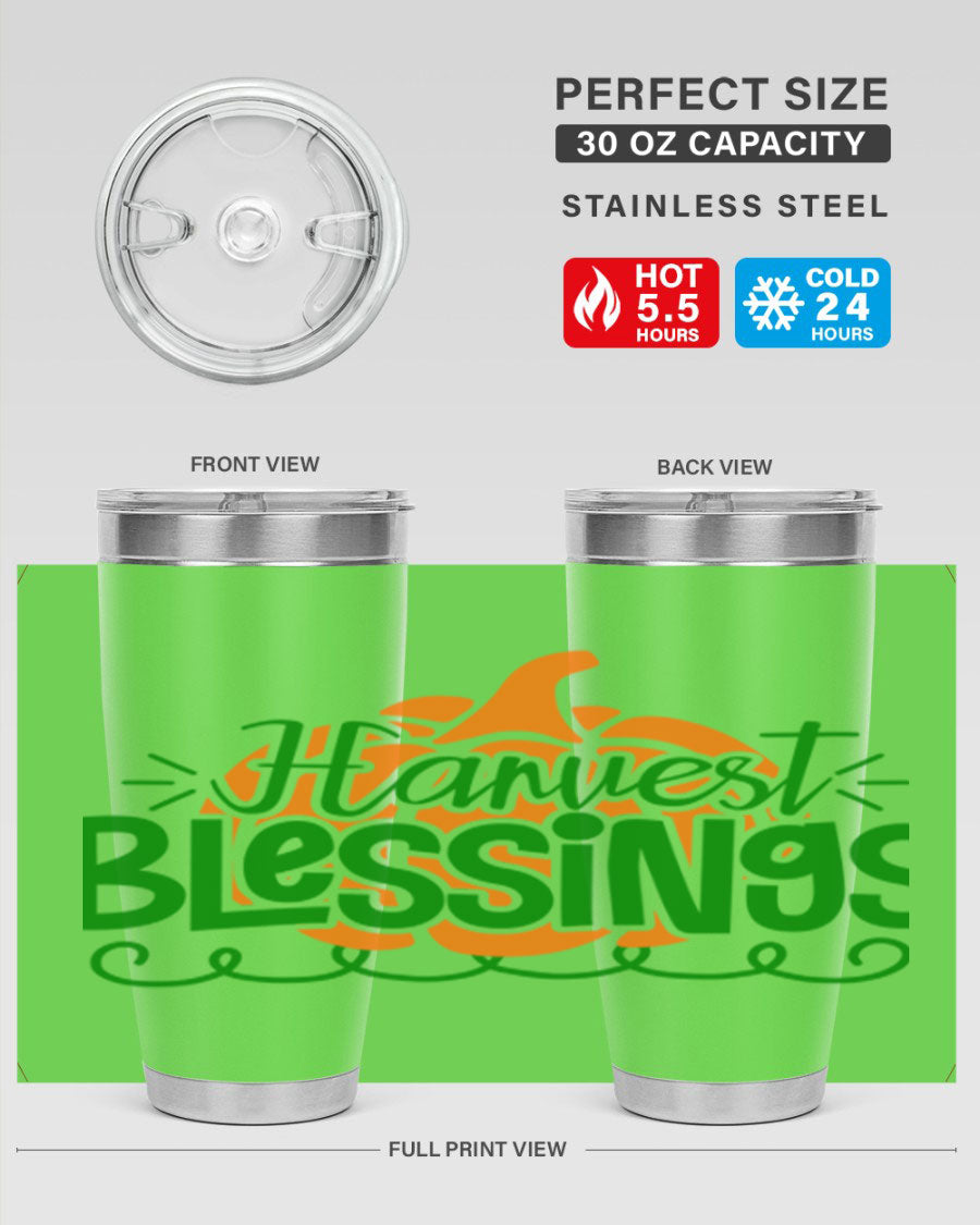 Harvest Blessings 20oz tumbler featuring double wall vacuum stainless steel and a stylish design, perfect for hot and cold beverages.