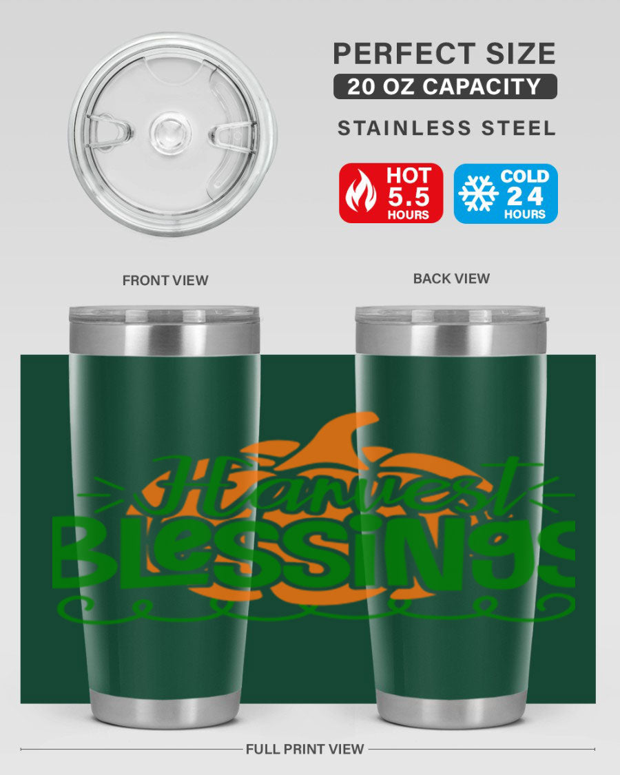 Harvest Blessings 20oz tumbler featuring double wall vacuum stainless steel and a stylish design, perfect for hot and cold beverages.