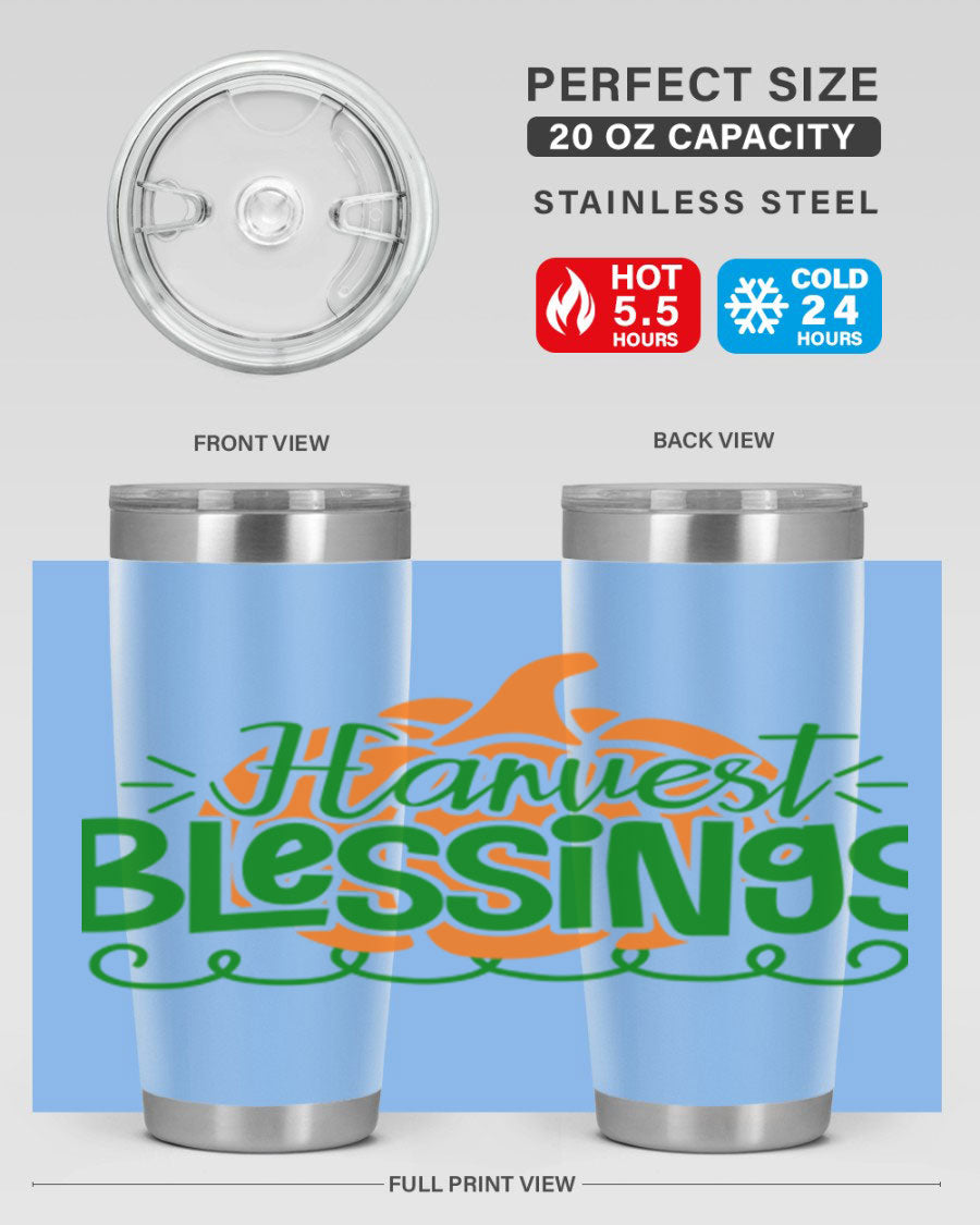 Harvest Blessings 20oz tumbler featuring double wall vacuum stainless steel and a stylish design, perfect for hot and cold beverages.