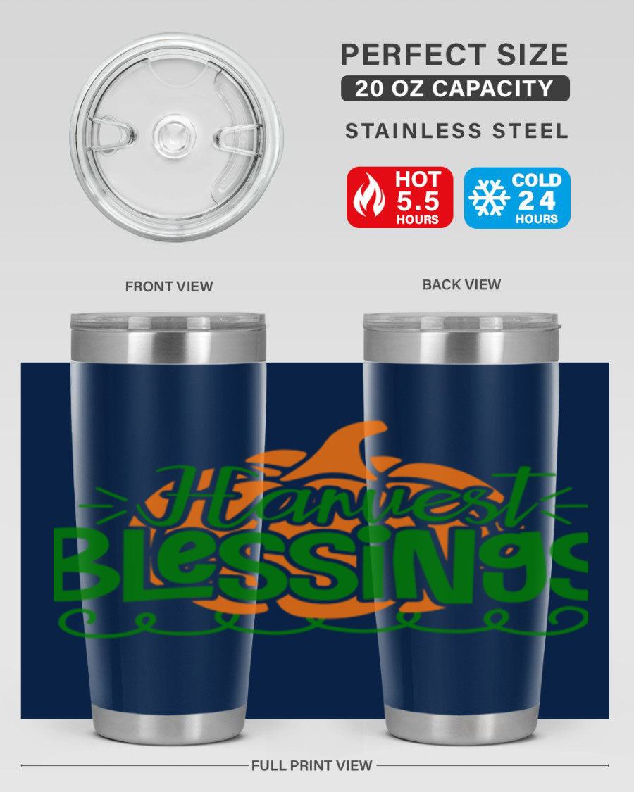 Harvest Blessings 20oz tumbler featuring double wall vacuum stainless steel and a stylish design, perfect for hot and cold beverages.