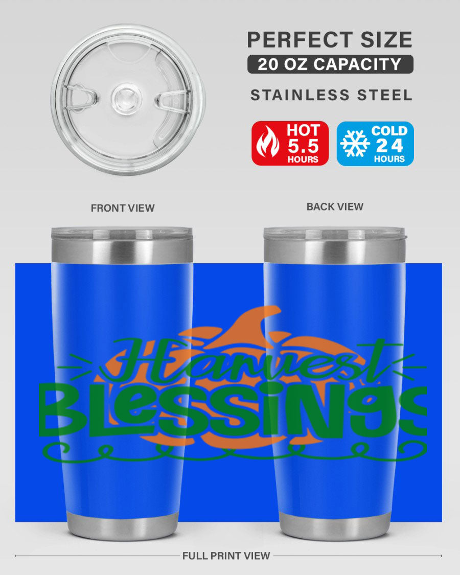 Harvest Blessings 20oz tumbler featuring double wall vacuum stainless steel and a stylish design, perfect for hot and cold beverages.