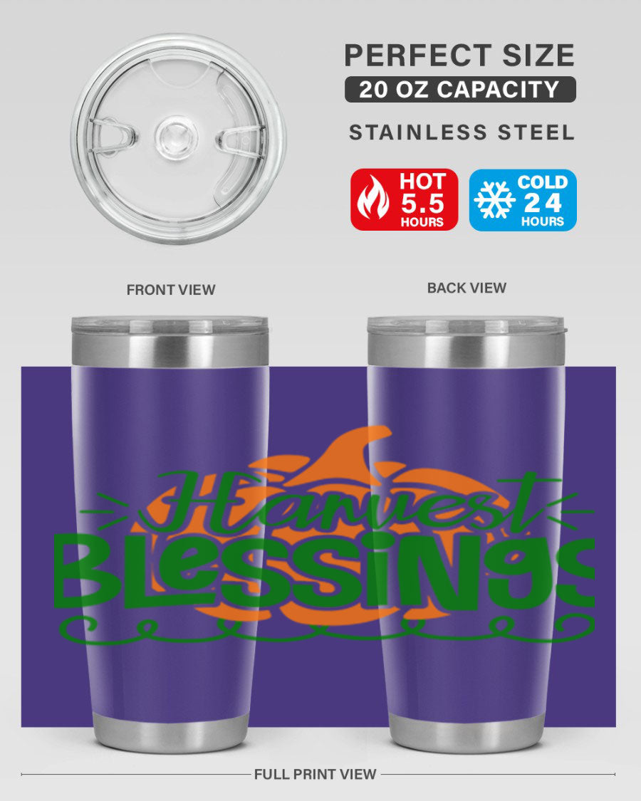 Harvest Blessings 20oz tumbler featuring double wall vacuum stainless steel and a stylish design, perfect for hot and cold beverages.