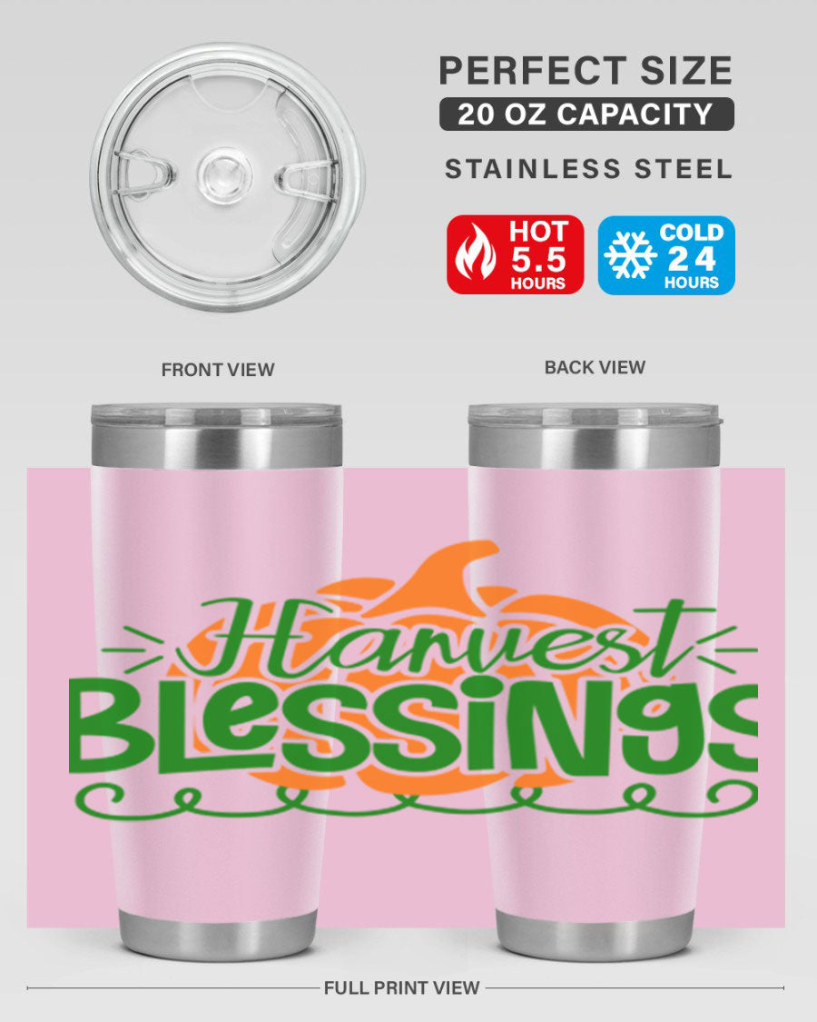 Harvest Blessings 20oz tumbler featuring double wall vacuum stainless steel and a stylish design, perfect for hot and cold beverages.