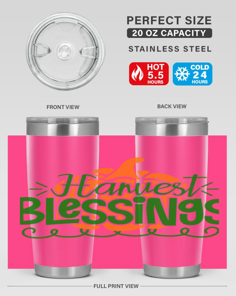 Harvest Blessings 20oz tumbler featuring double wall vacuum stainless steel and a stylish design, perfect for hot and cold beverages.