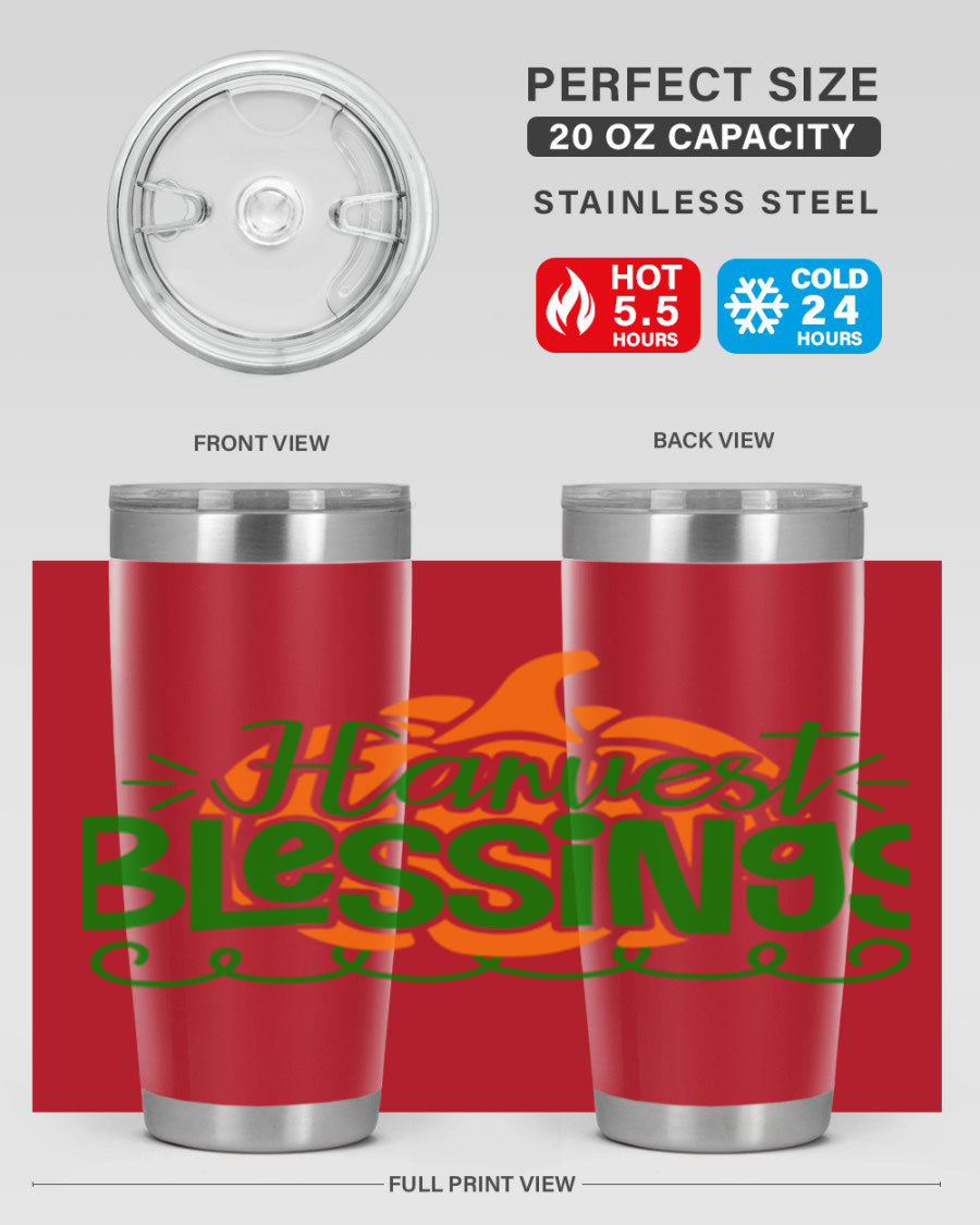 Harvest Blessings 20oz tumbler featuring double wall vacuum stainless steel and a stylish design, perfect for hot and cold beverages.