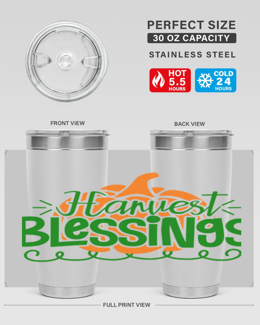 Harvest Blessings 20oz tumbler featuring double wall vacuum stainless steel and a stylish design, perfect for hot and cold beverages.