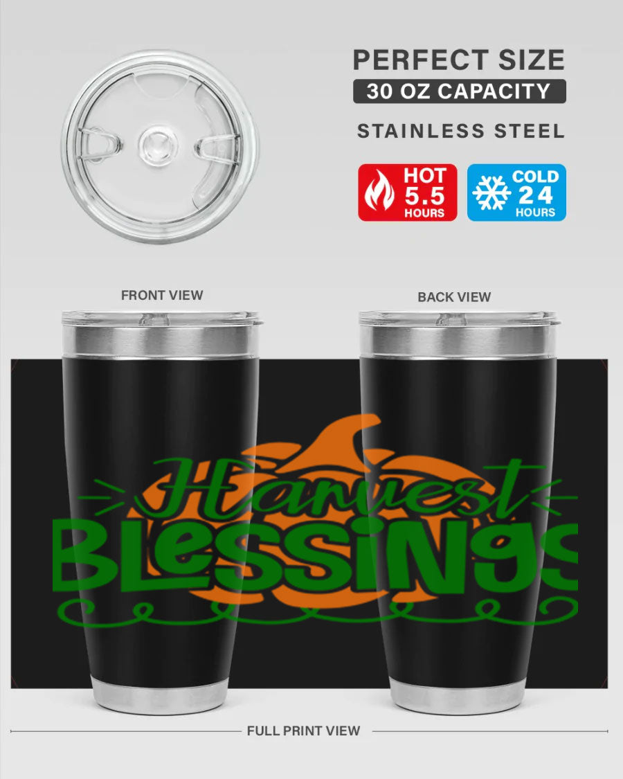 Harvest Blessings 20oz tumbler featuring double wall vacuum stainless steel and a stylish design, perfect for hot and cold beverages.