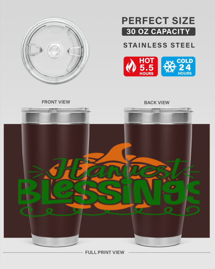 Harvest Blessings 20oz tumbler featuring double wall vacuum stainless steel and a stylish design, perfect for hot and cold beverages.