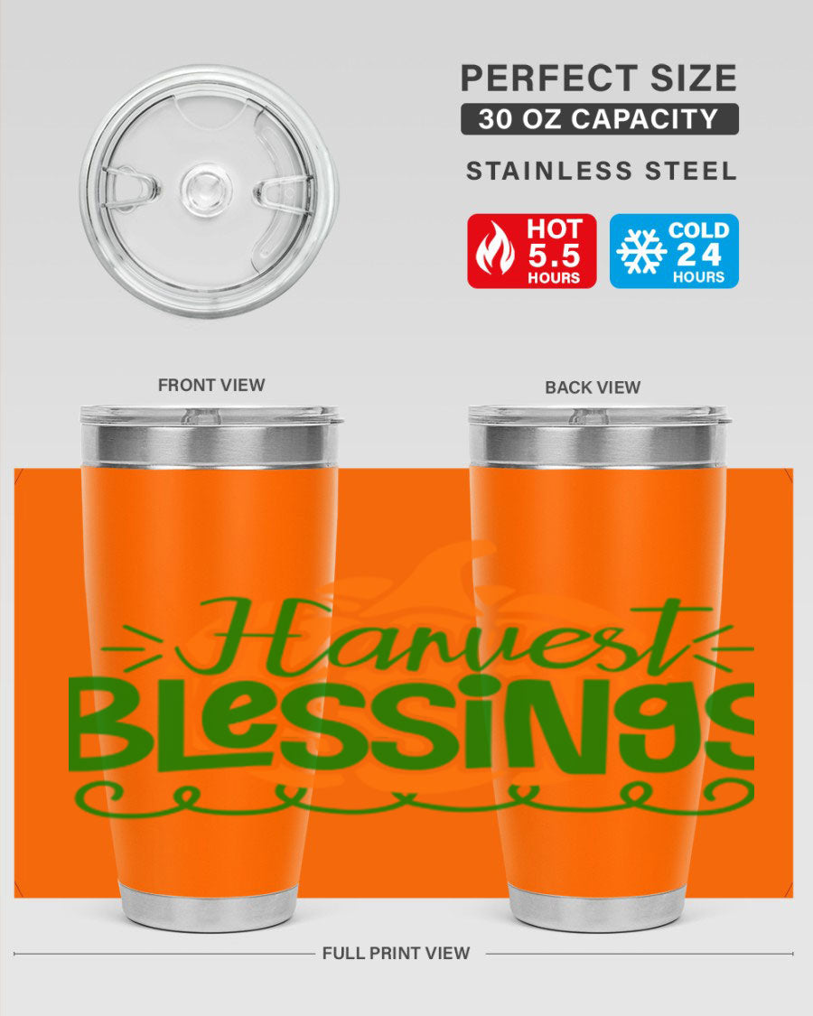 Harvest Blessings 20oz tumbler featuring double wall vacuum stainless steel and a stylish design, perfect for hot and cold beverages.