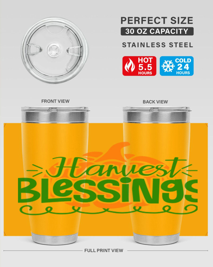 Harvest Blessings 20oz tumbler featuring double wall vacuum stainless steel and a stylish design, perfect for hot and cold beverages.