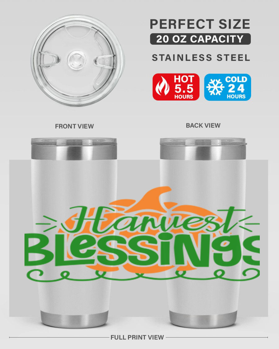 Harvest Blessings 20oz tumbler featuring double wall vacuum stainless steel and a stylish design, perfect for hot and cold beverages.