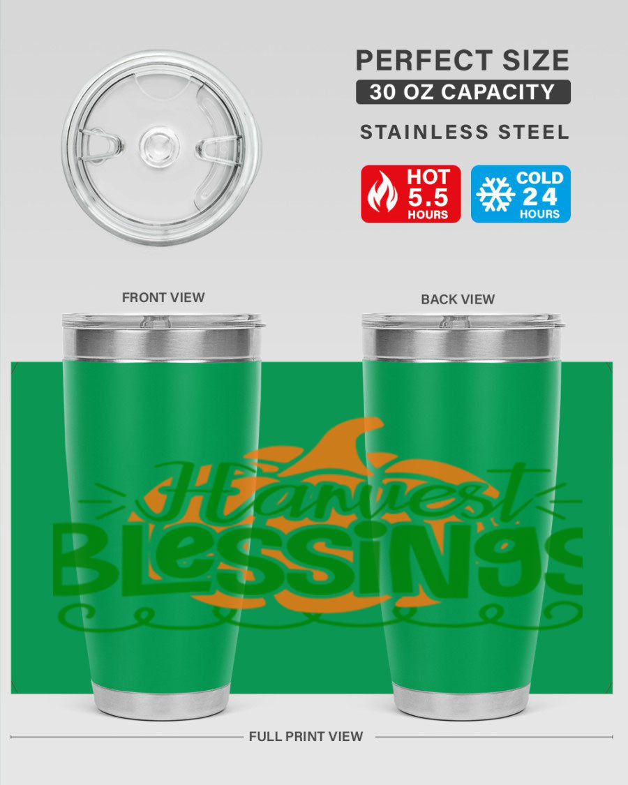 Harvest Blessings 20oz tumbler featuring double wall vacuum stainless steel and a stylish design, perfect for hot and cold beverages.