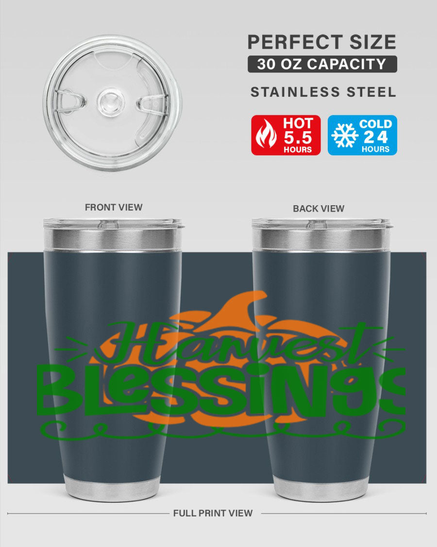 Harvest Blessings 20oz tumbler featuring double wall vacuum stainless steel and a stylish design, perfect for hot and cold beverages.