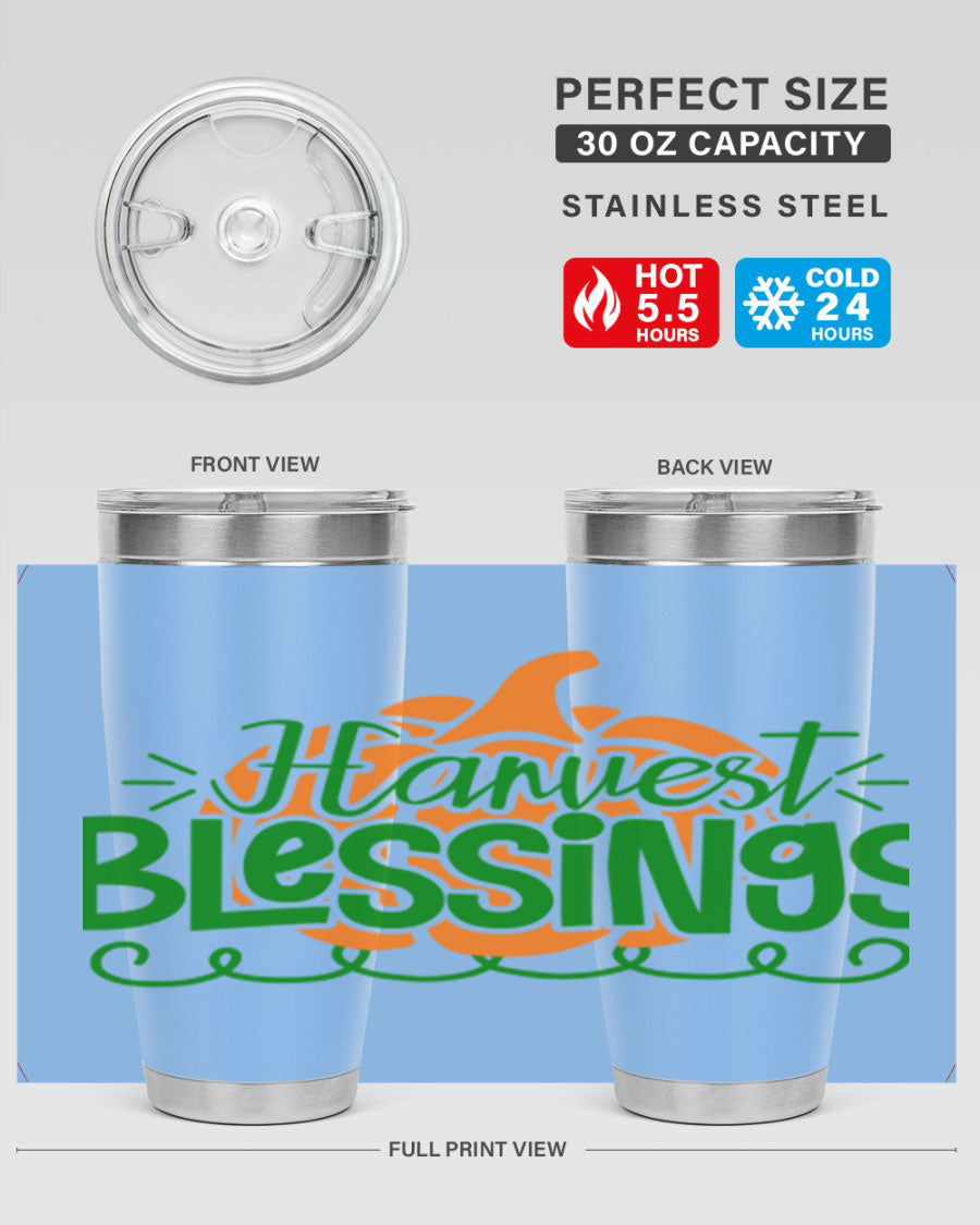 Harvest Blessings 20oz tumbler featuring double wall vacuum stainless steel and a stylish design, perfect for hot and cold beverages.