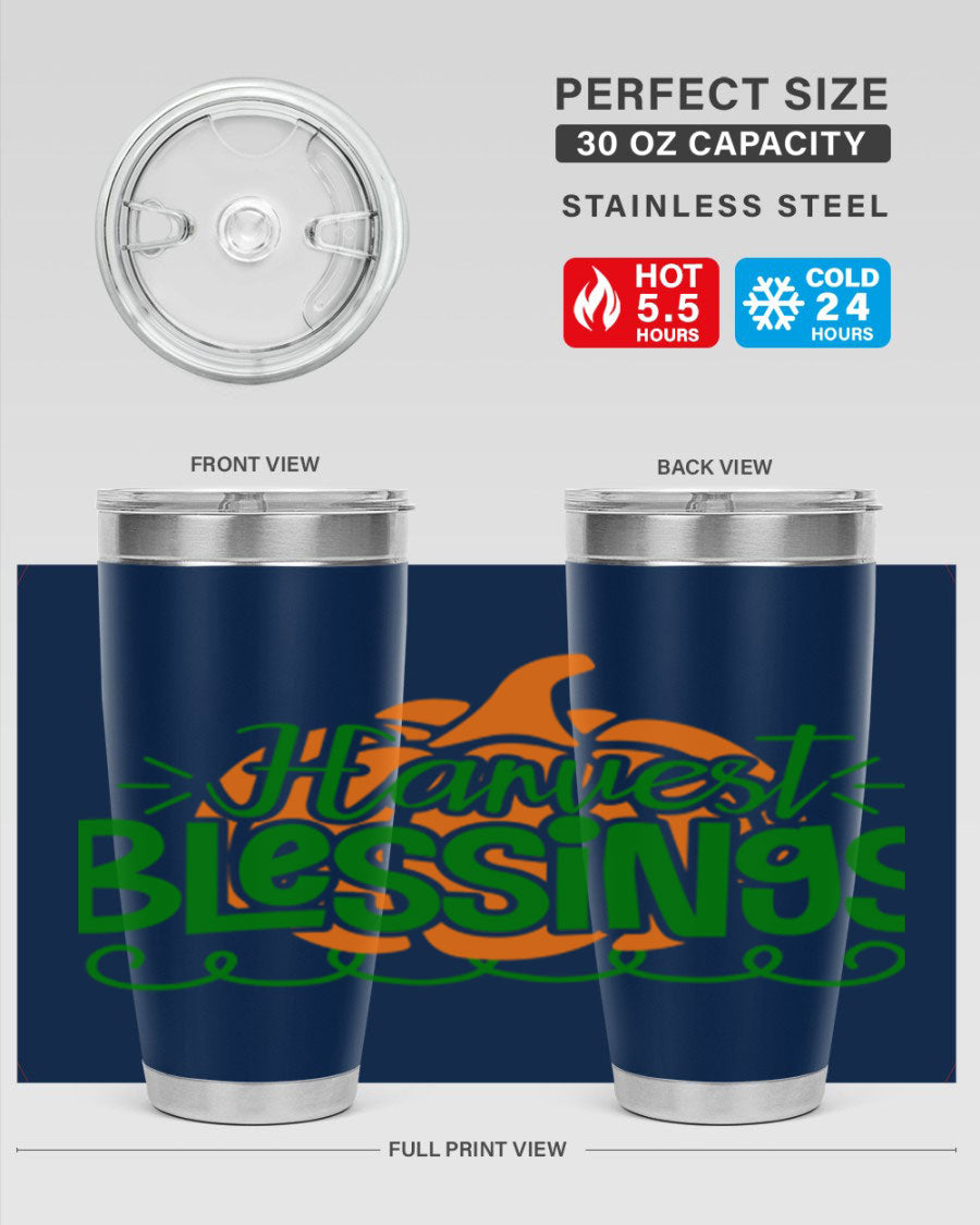 Harvest Blessings 20oz tumbler featuring double wall vacuum stainless steel and a stylish design, perfect for hot and cold beverages.