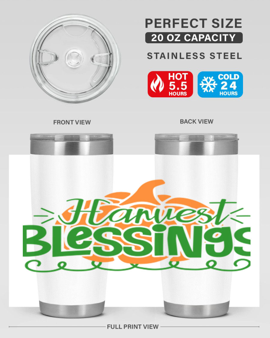 Harvest Blessings 20oz tumbler featuring double wall vacuum stainless steel and a stylish design, perfect for hot and cold beverages.