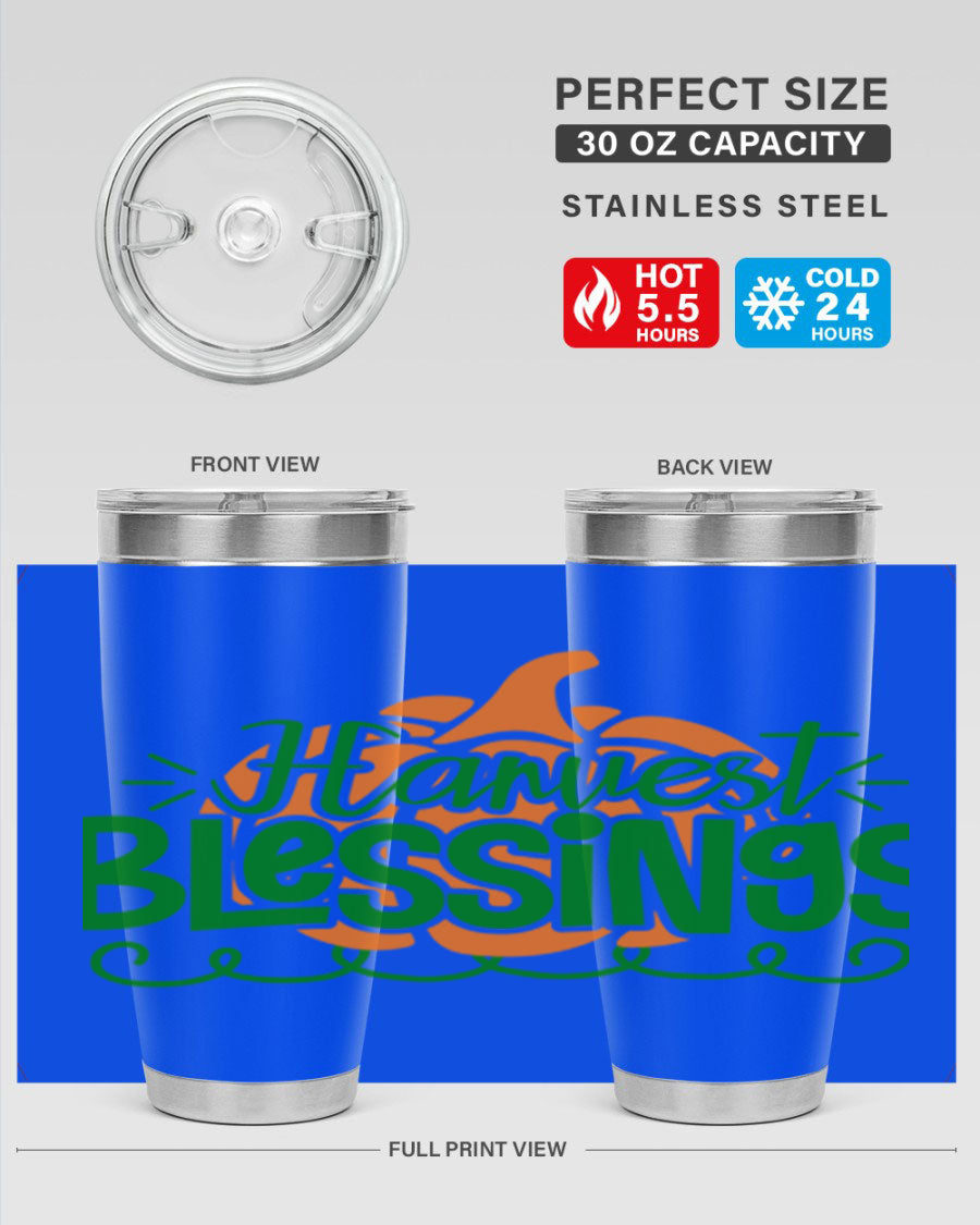 Harvest Blessings 20oz tumbler featuring double wall vacuum stainless steel and a stylish design, perfect for hot and cold beverages.