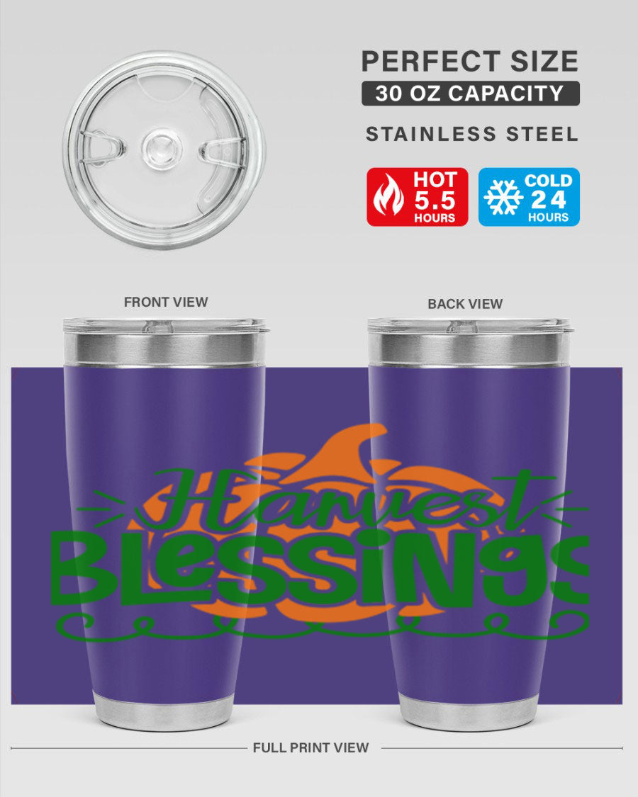 Harvest Blessings 20oz tumbler featuring double wall vacuum stainless steel and a stylish design, perfect for hot and cold beverages.