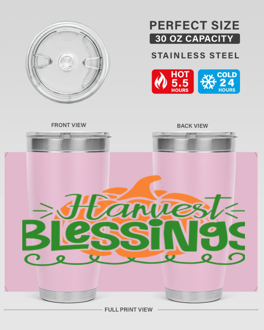 Harvest Blessings 20oz tumbler featuring double wall vacuum stainless steel and a stylish design, perfect for hot and cold beverages.