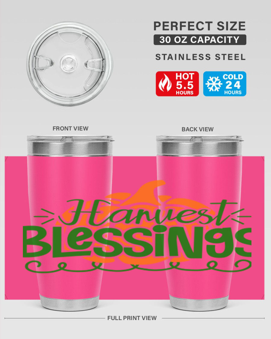 Harvest Blessings 20oz tumbler featuring double wall vacuum stainless steel and a stylish design, perfect for hot and cold beverages.